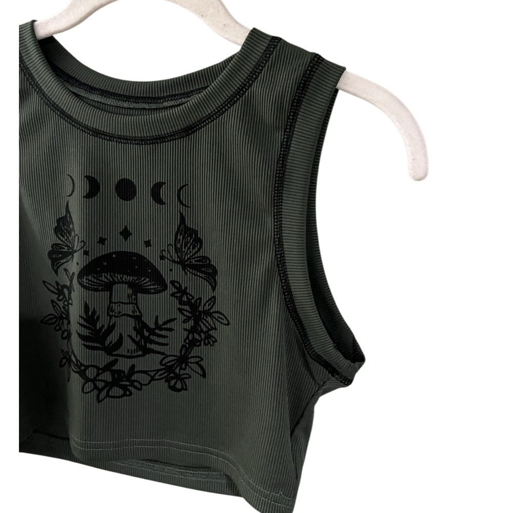 ROMWE Olive Green Moon & Mushroom Crop Tank Top - Picture 4 of 10